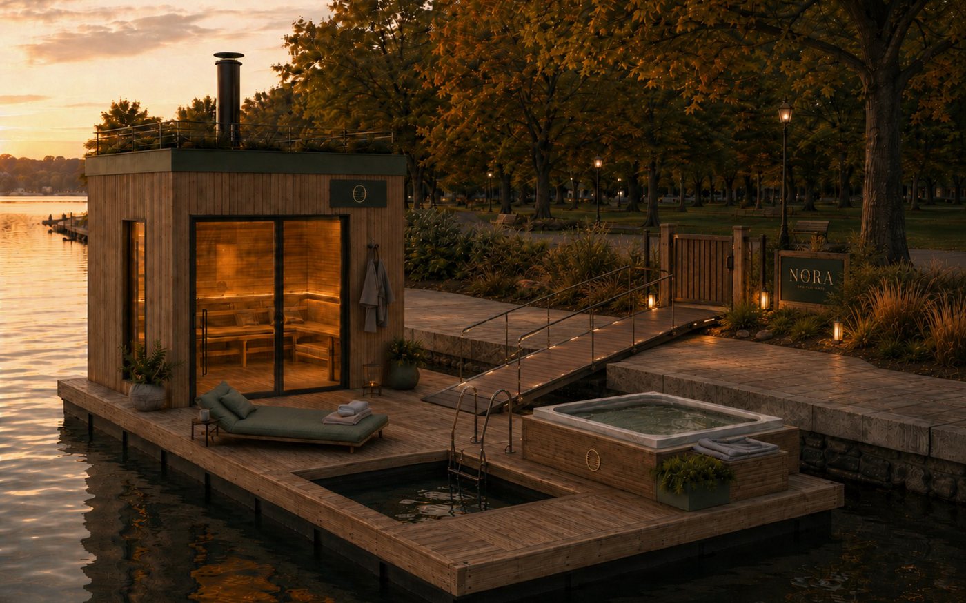 Intérieur du sauna en cèdre face à l’eau